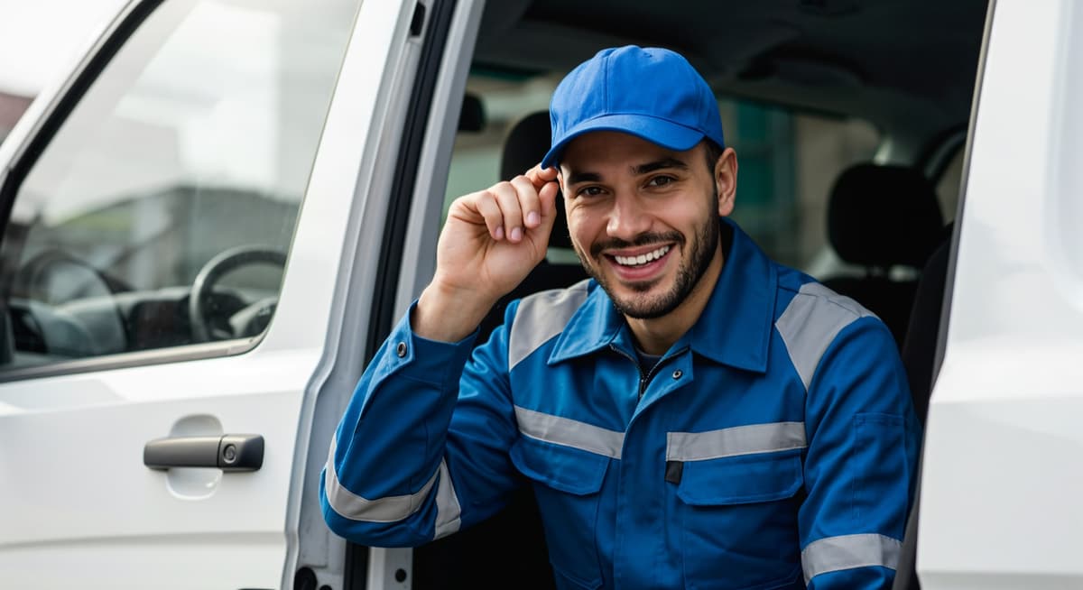 Smiling delivery driver posing by his van