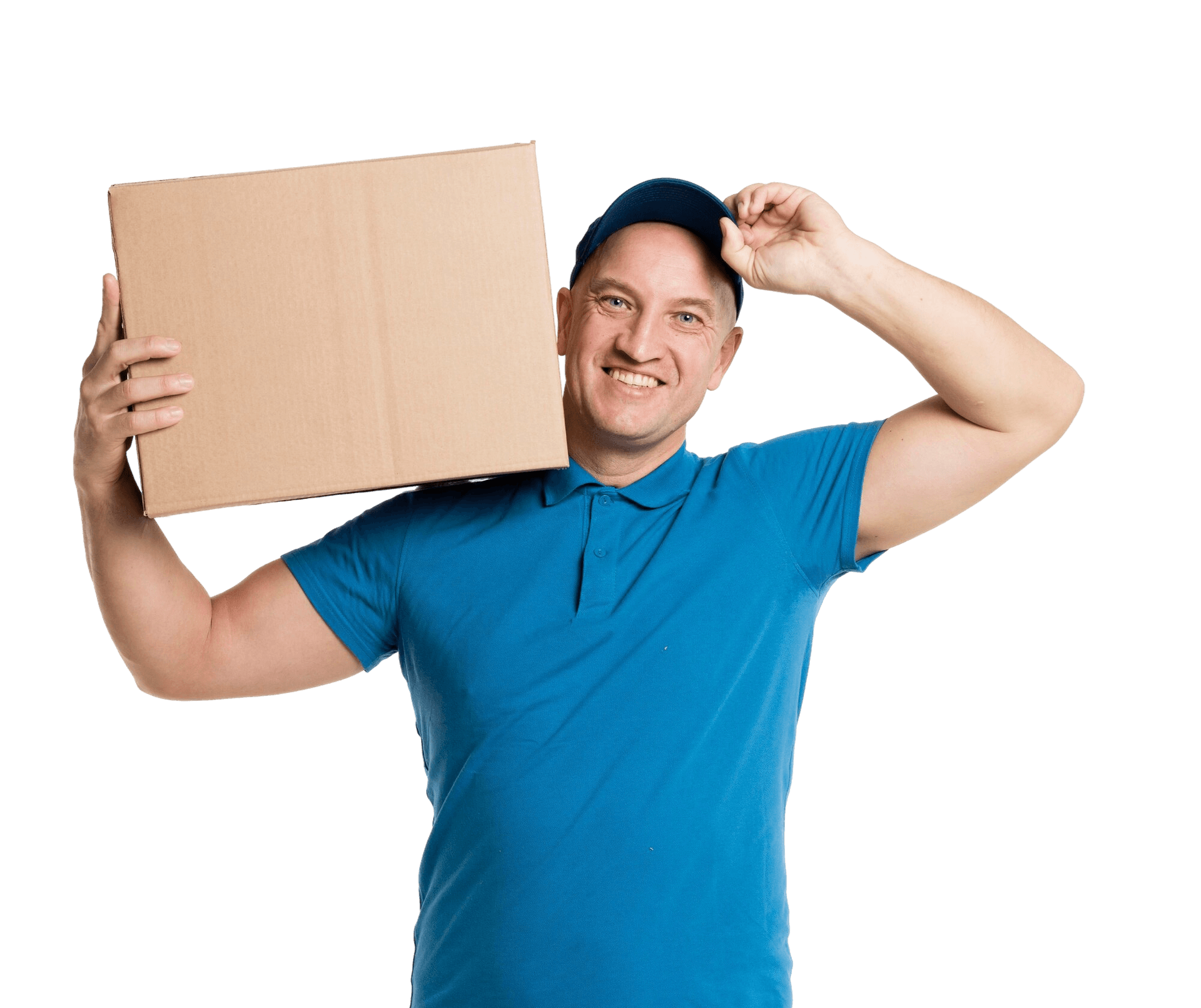 Courier carrying a cardboard box on his shoulder