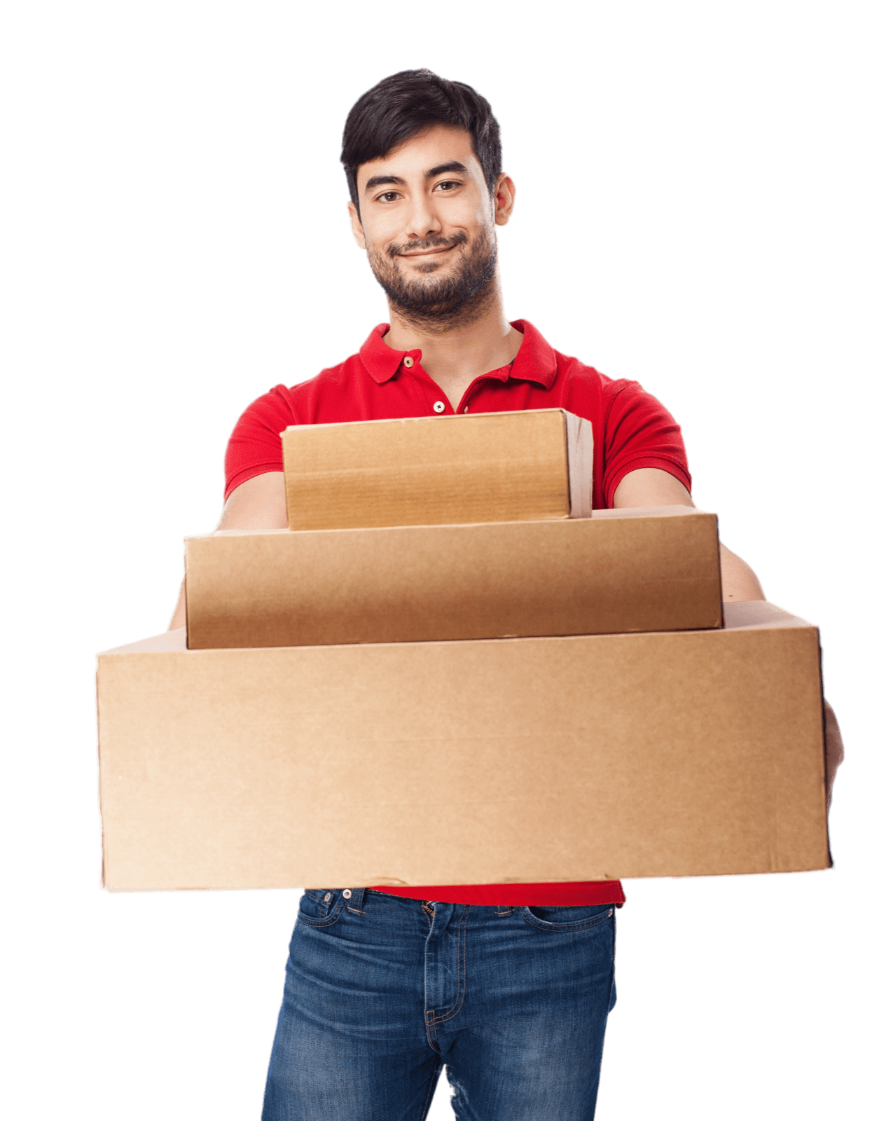 Courier holding a stack of cardboard boxes