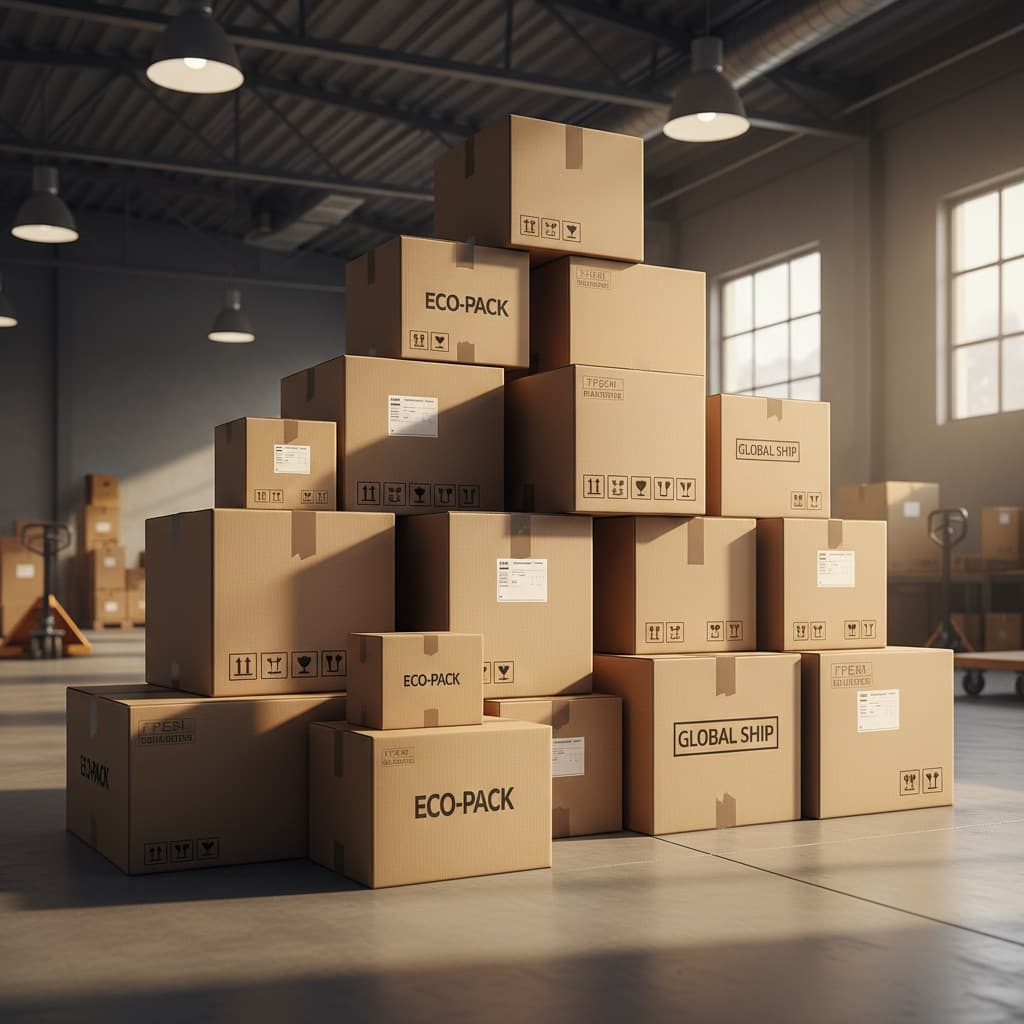 Stacked cardboard shipping boxes in a warehouse