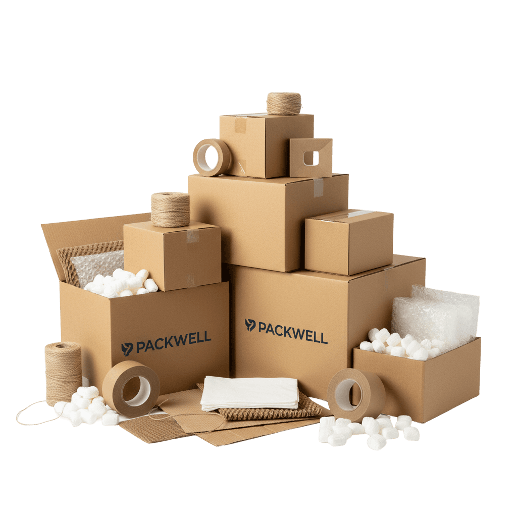 A stack of packaging boxes, tape and void fill