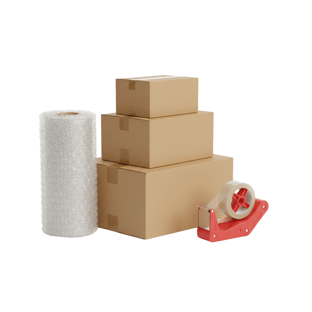Stacked boxes, bubble wrap and a tape gun